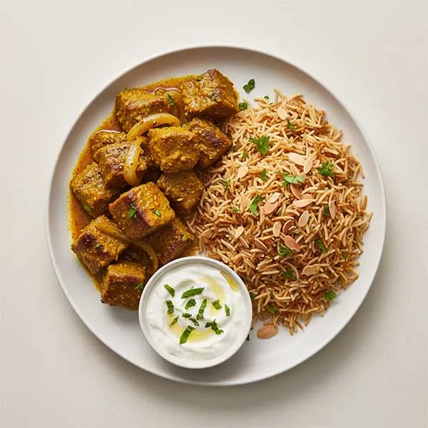 Turmeric Sumac beef Chucks With Oriental Rice & Mint Yoghurt Sauce
